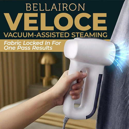 Bellairon Veloce Vacuum Garment Steamer, Next-Generation Handheld Clothing Steamer with 2500Pa Suction for Fabric Grip, Fast-Dry & Wearable Results, One-Hand Operation, 1100W, 120V