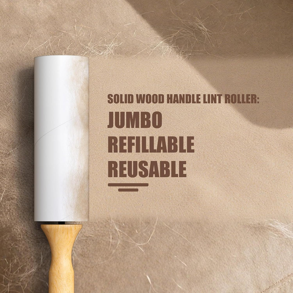 Diagonal Tear Lint Roller with Wooden Handle- 6.3 Inch Refills, 4 Rolls x 100 Sheets with Adjustable Tool | Pet Hair Remover for Furniture, Clothing | Ergonomic Grip, Durable Design