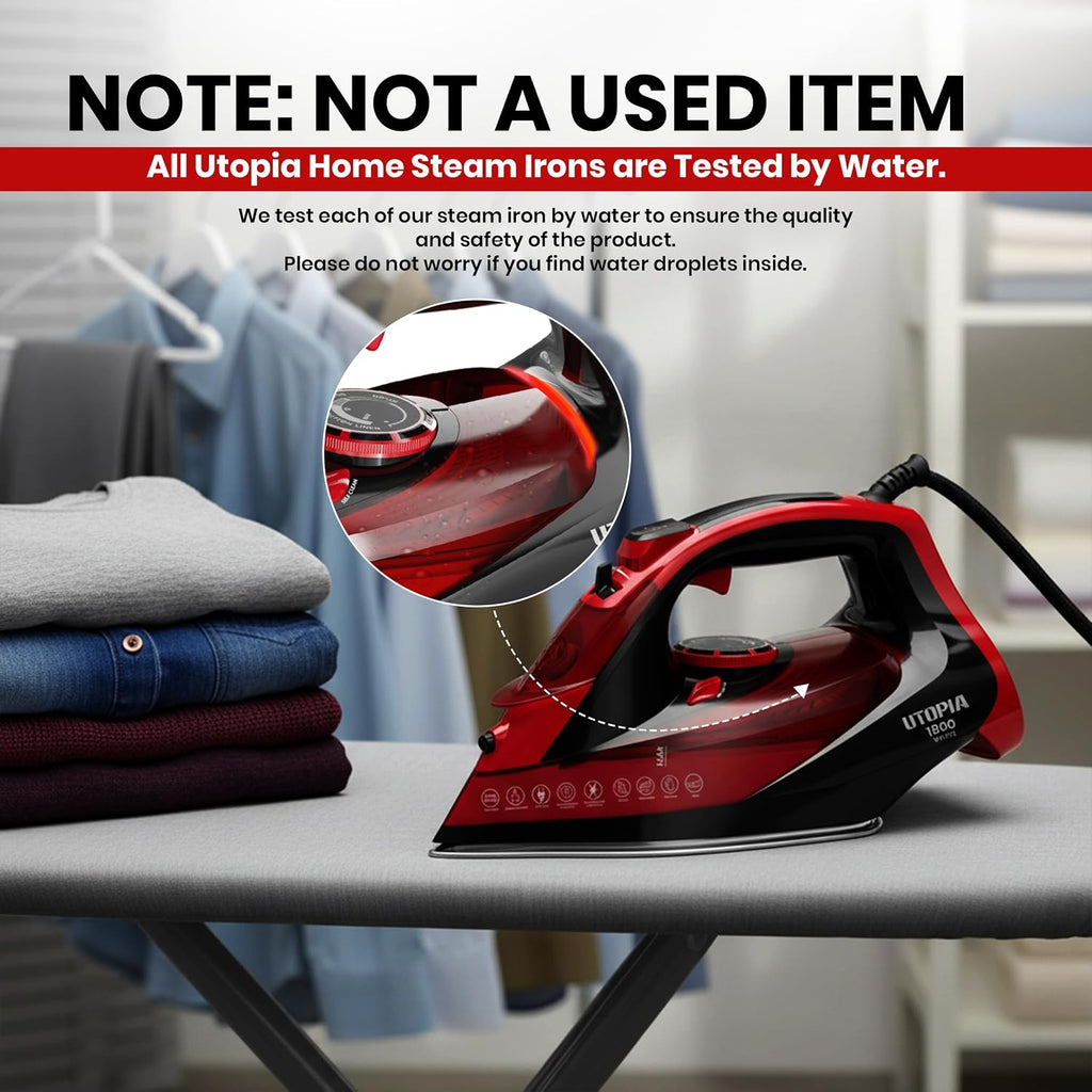 Utopia Home Steam Iron - 1800W Non-Stick Soleplate (Black-Red, Classic)