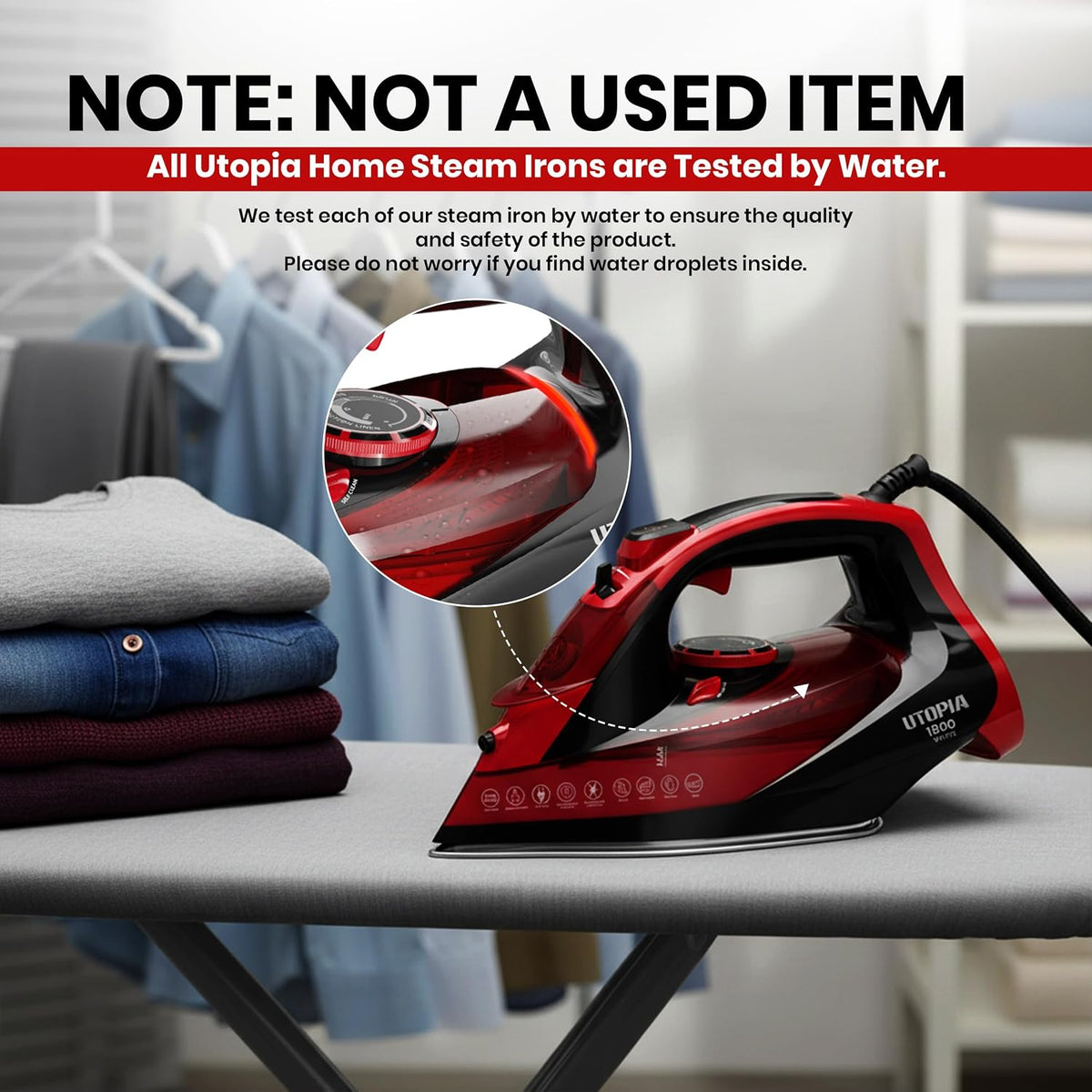 Utopia Home Steam Iron - 1800W Non-Stick Soleplate (Black-Red, Classic)