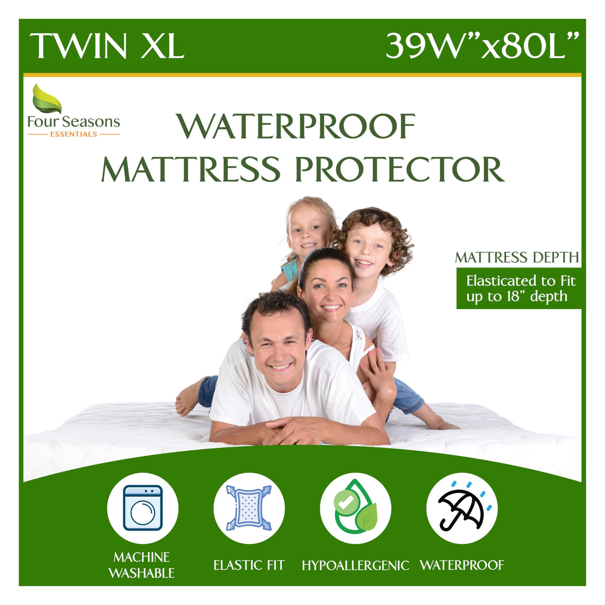 Four Seasons Essentials Twin Extra Long (XL) Size Waterproof Mattress Protector - Cooling Viscose derived from Bamboo Fitted Sheet Mattress Cover - Quilted Jacquard Pad Protects from Dust Allergens