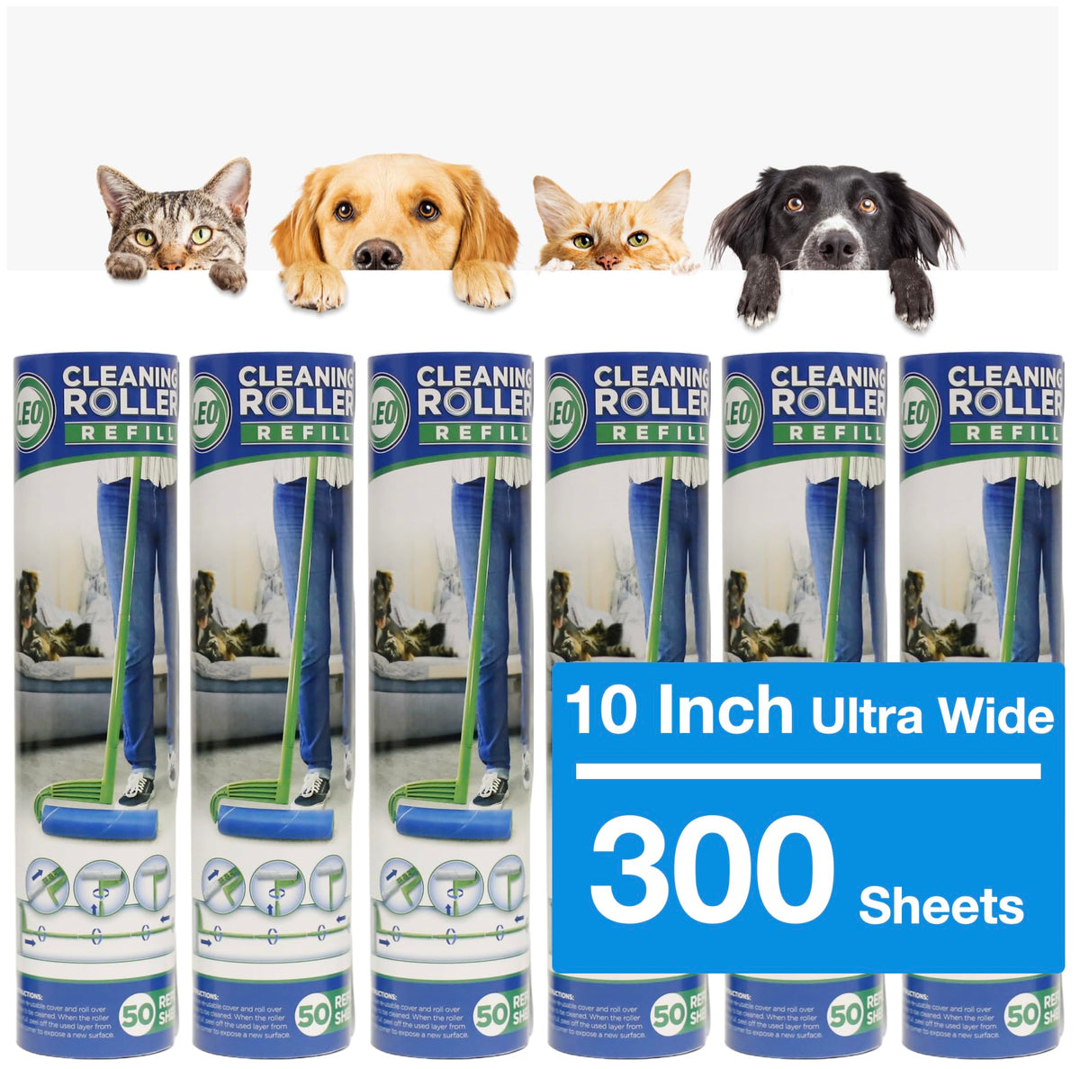 Leo 10-Inch Wide Lint Roller Refills, 6 Rolls with 50 Sheets Each (300 Sheets Total), Extra Sticky for Pet Hair, Carpet & Floor Cleaning