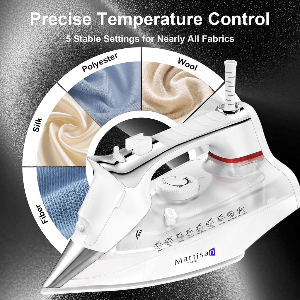 Martisan Steam Iron for clothes, 1800W, Nano Ceramic Soleplate, Dynamic Steam Burst, Precise Thermostat for All Fabrics, Auto-off, Fast Heating, Self-Clean, 4-in-1 Iron, Anti-Drip, Anti-Calc