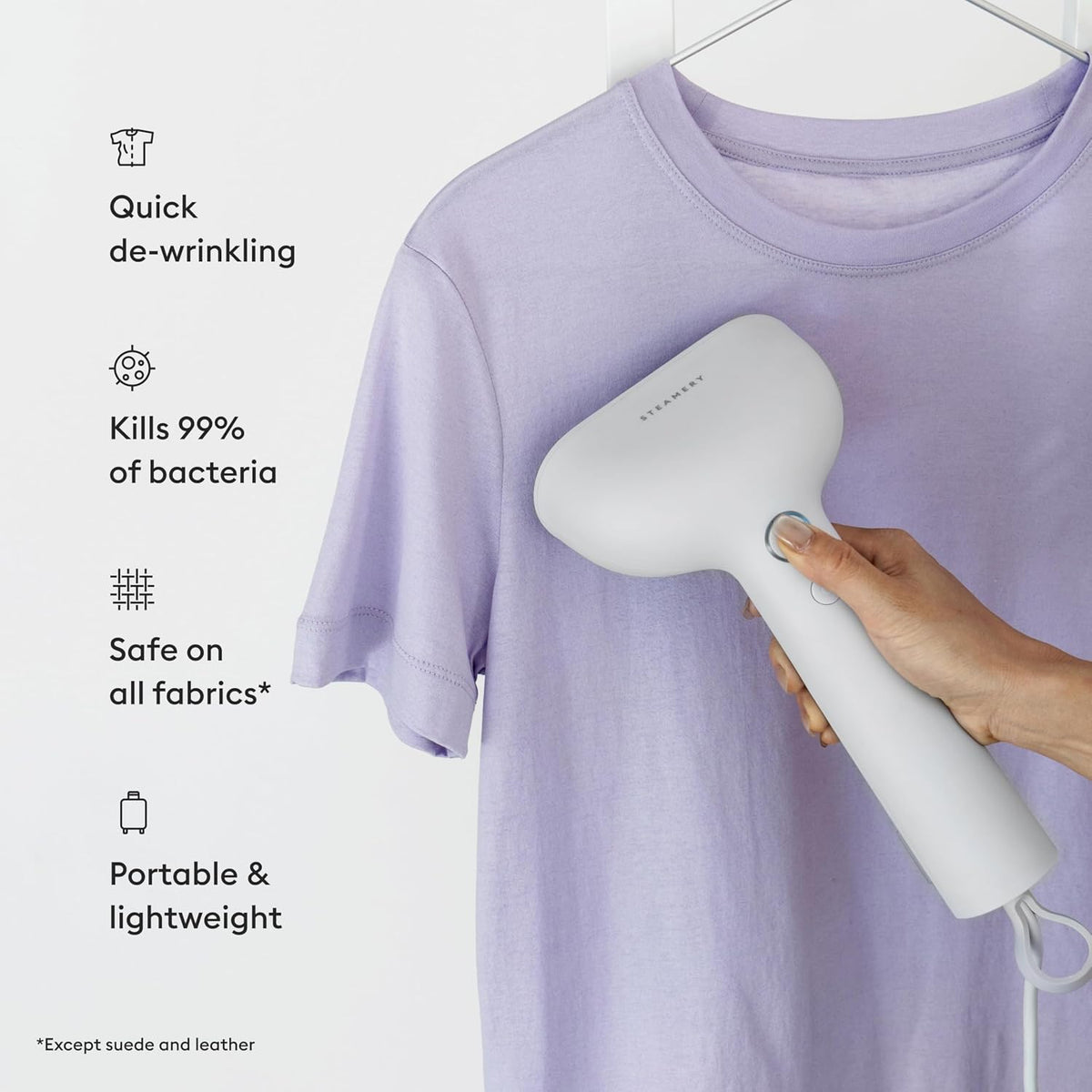 Steamery Handheld Clothes Steamer Cirrus Core, 1350W, Steam Output 0.74 oz/min, Heat up in 15 Seconds, Dry Steam Technology, Hanging Loop, Visible Water Tank, Portable, Scandinavian Design (White)