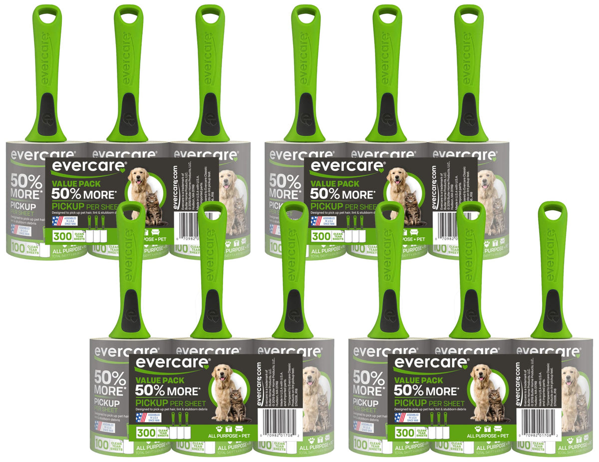 Evercare Pet Hair Lint Rollers All Purpose Use 100 Easy-Tear Sheets Per Roll Reusable Sticky Roller Pets Cat & Dog Hair Remover Contoured Handle for Furniture Clothing & Cars, Set of 2, Green