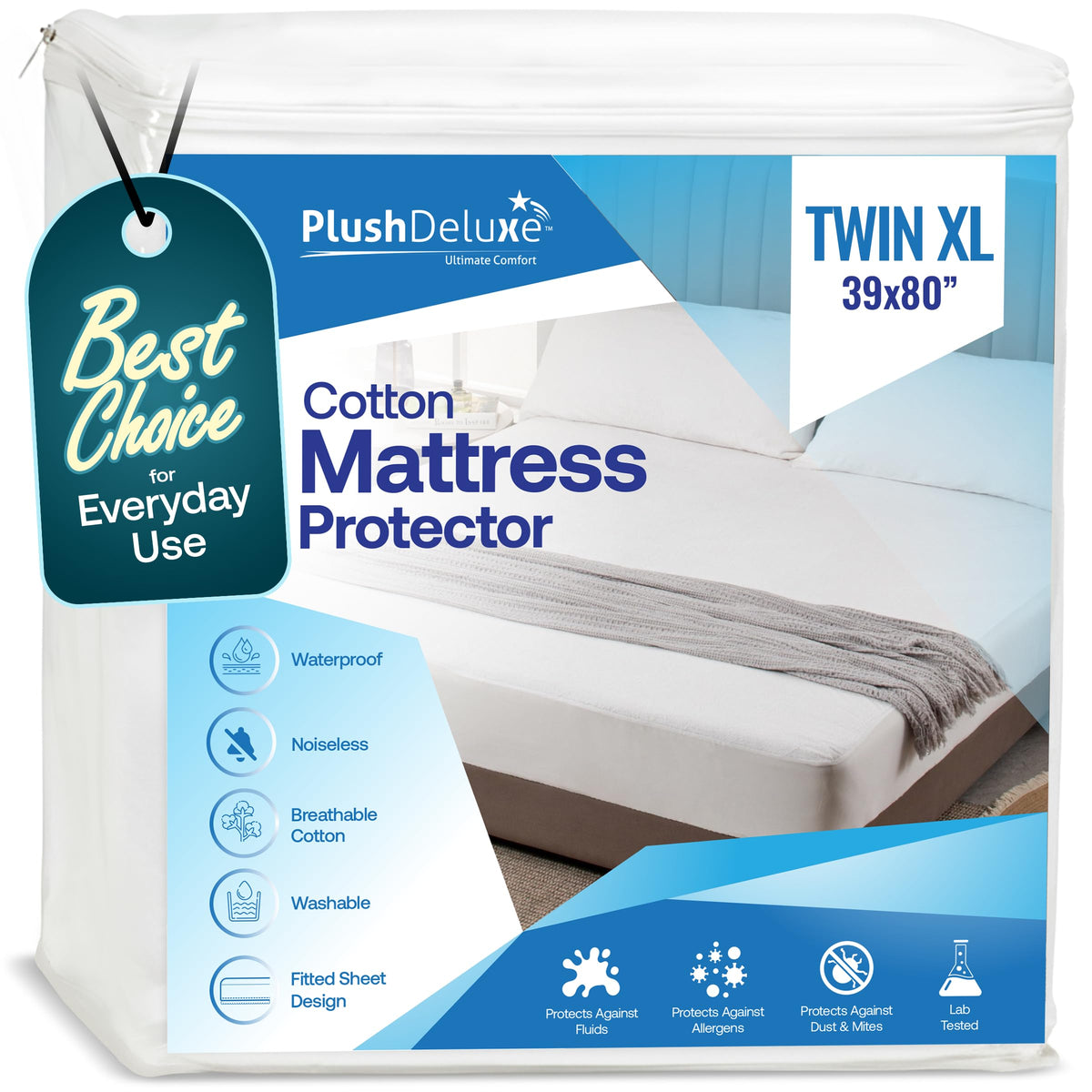 PlushDeluxe Waterproof Queen Mattress Protector, Terry Cotton