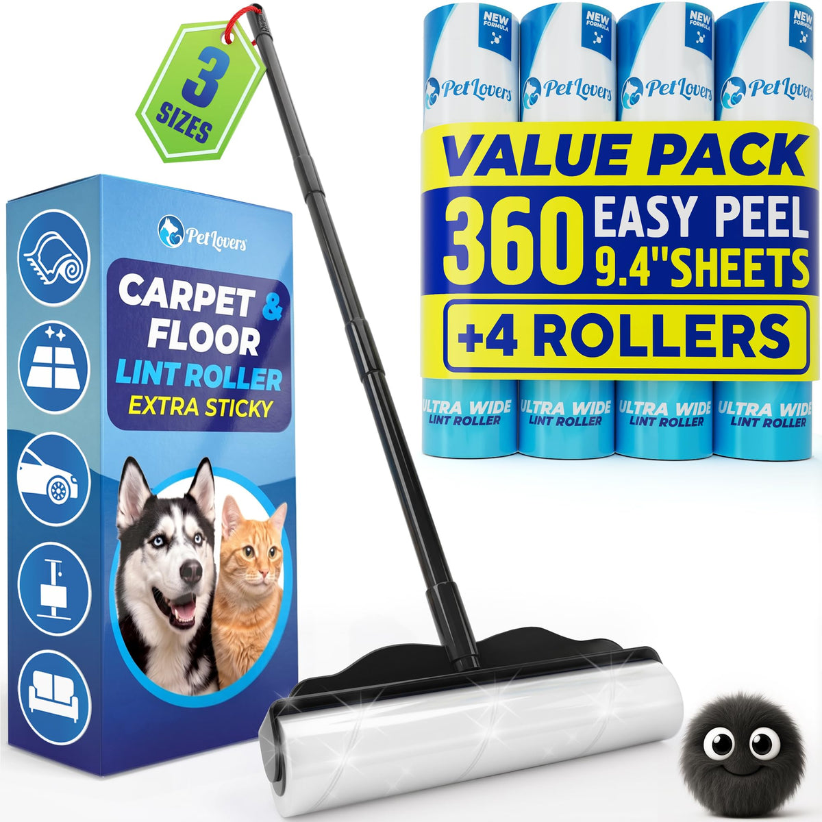 PetLovers Extra Sticky Lint Roller Mega Value Set 900 Sheets for Pet Hair Removal and Clothes, Dog and Cat Lint Remover, 10 Pack