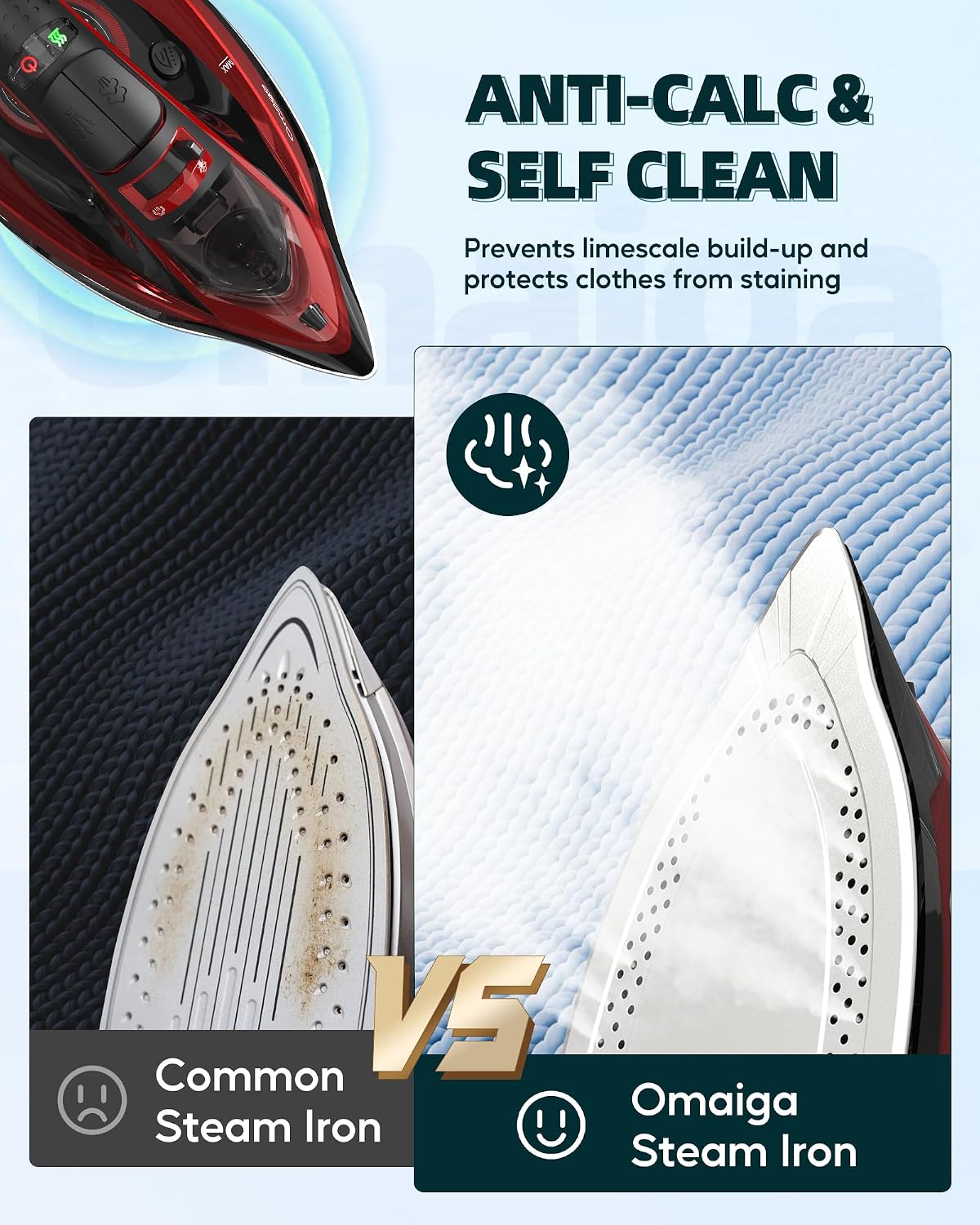 OMAIGA Cordless Steam Iron for Clothes, 1500W, Ceramic Soleplate, Red