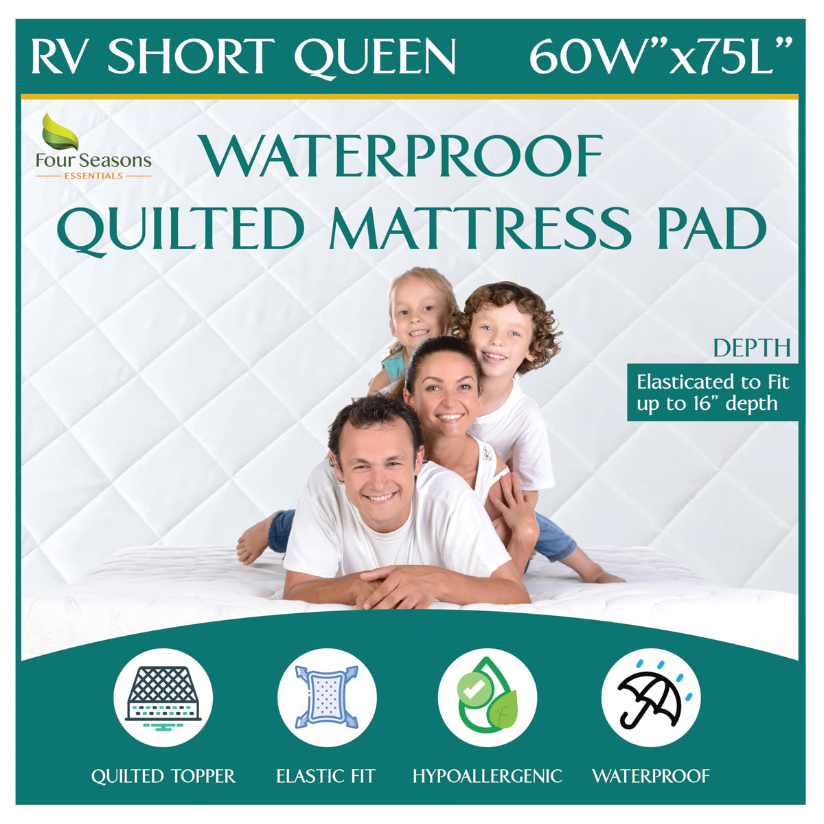 Four Seasons Essentials RV Bunk Size Waterproof Mattress Protector - Cooling Viscose derived from Bamboo Fitted Sheet Mattress Cover - Quilted Jacquard Pad Protects from Dust Allergens