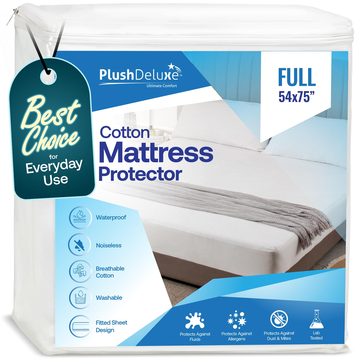 PlushDeluxe Waterproof Queen Mattress Protector, Terry Cotton