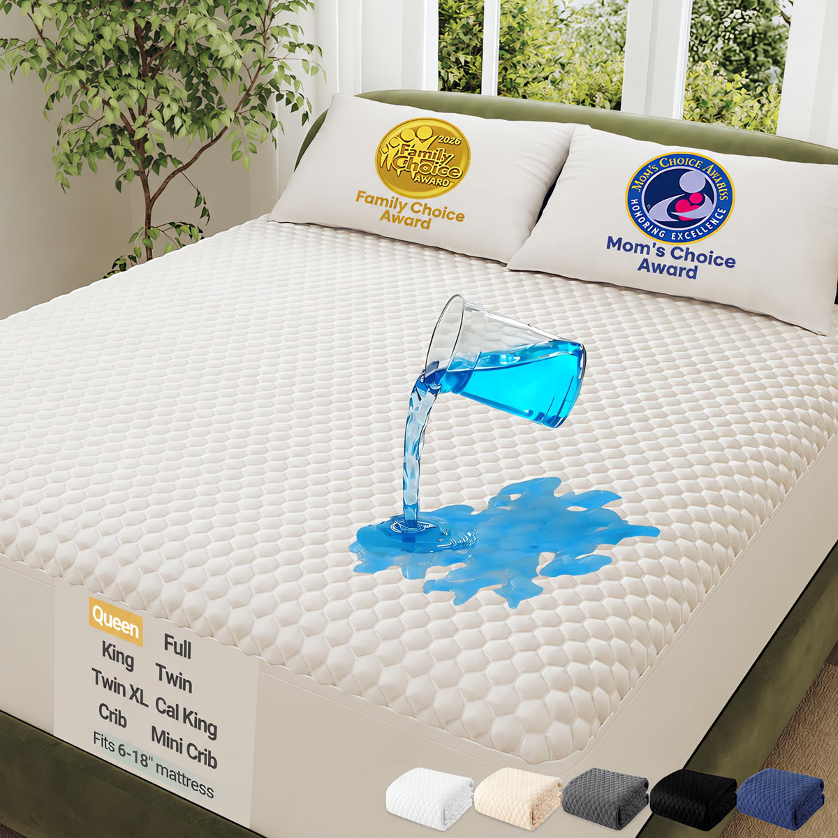 OhGeni Waterproof Mattress Protector,King Size Soft Bamboo Viscose Top Layer Pad,3D-Air Fabric Cooling Breathable Fitted Sheets,Washable Bed Cover,Deep Pocket Noiseless Over 99 Count Hex Bumps