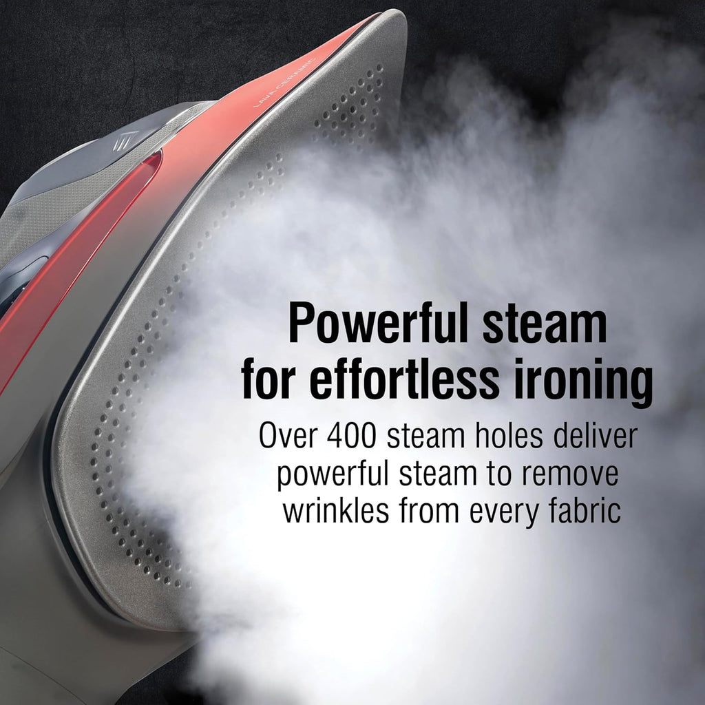 CHI Steam Iron for Clothes with 8' Retractable Cord, 1700 Watts, 3-Way Auto Shutoff, 400+ Holes, Professional Grade, Temperature Control Dial, Lava Infused Ceramic Soleplate, Black and Red (13113N)