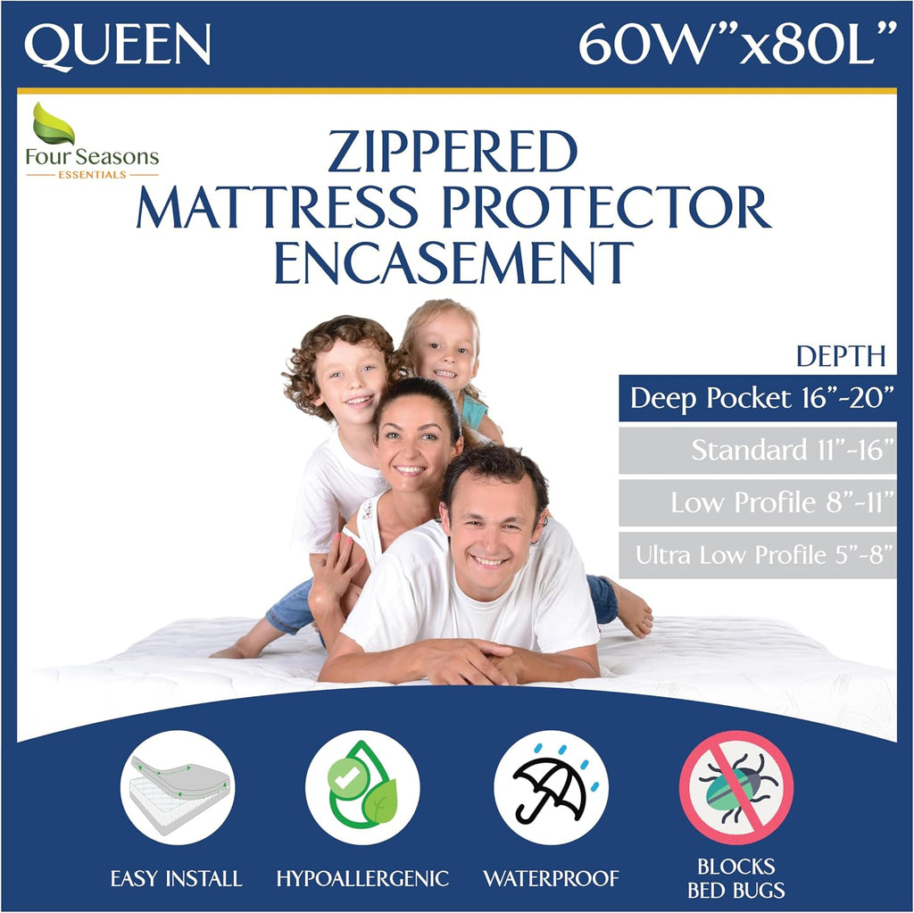 Queen Mattress Protector Bedbug Waterproof Zippered Cover - Deep Pocket Fits up to 20" Depth - Hypoallergenic Premium Quality Encasement Protects Against Dust