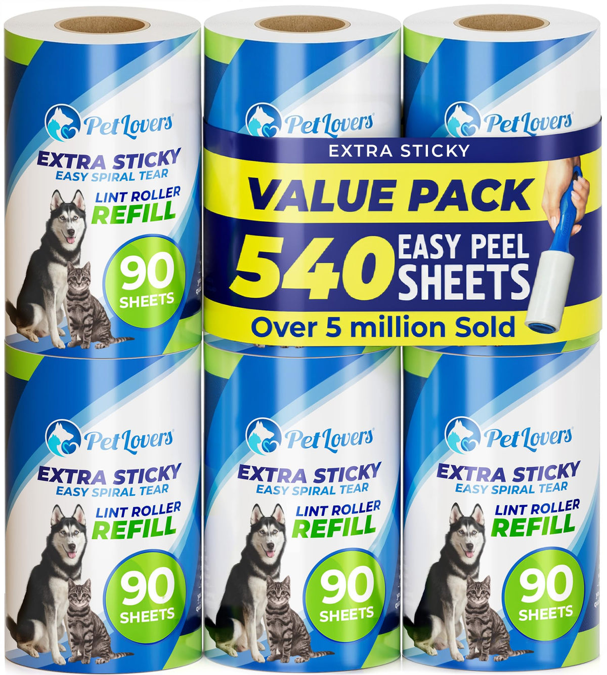 PetLovers Extra Sticky Lint Roller Mega Value Set 450 Sheets for Pet Hair Removal and Clothes, Dog and Cat Lint Remover 5 Pack