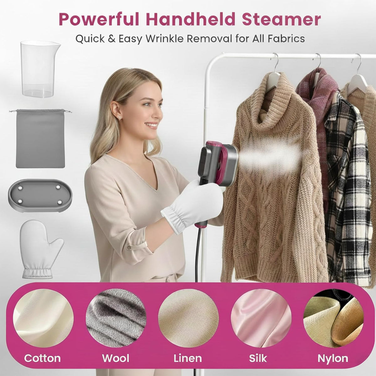 Powerful Handheld Clothes Steamer with LCD Display, 15s Fast Heat-Up, Includes Measuring Cup, Heat-Resistant Board, Storage Bag & Anti-Scald Glove, Lightweight 0.8lbs for Home & Travel