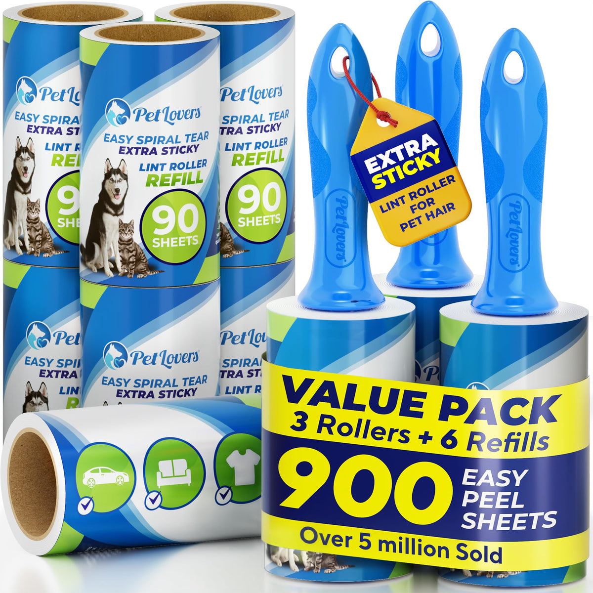 PetLovers Large Lint Roller with 3 Refills – 360 Total Sheets for Tackling Pet Hair, Extra Large Floor and Carpet Roller for Homes with Pets, Perfect for Floors, Furniture, and Loving Pet Owners