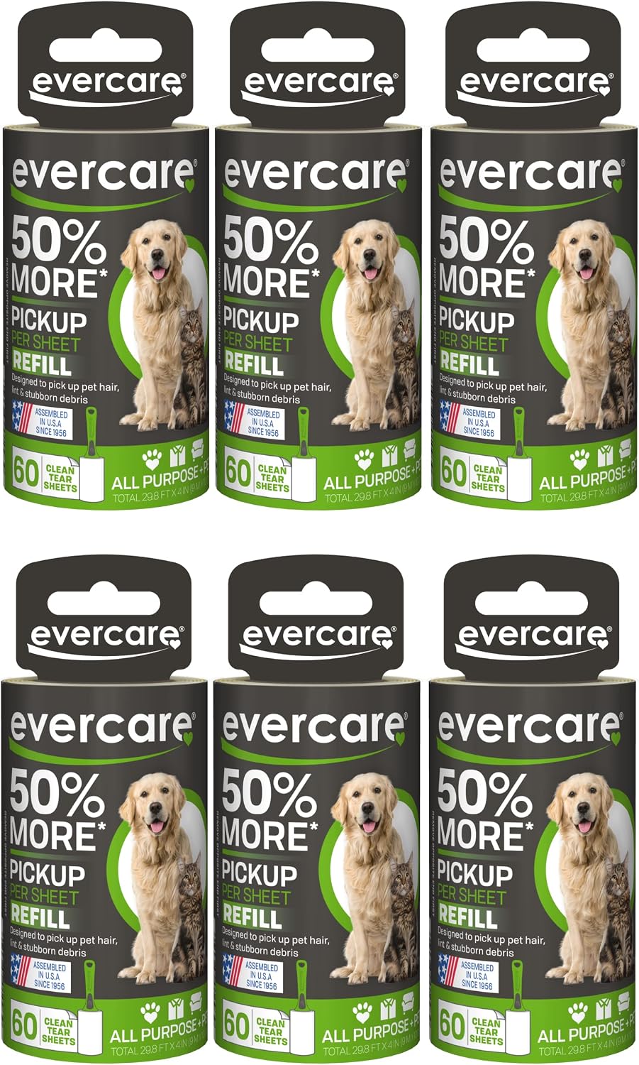 Evercare Extra Sticky Pet Lint Roller Refill 60 Sheets, 6-Pack