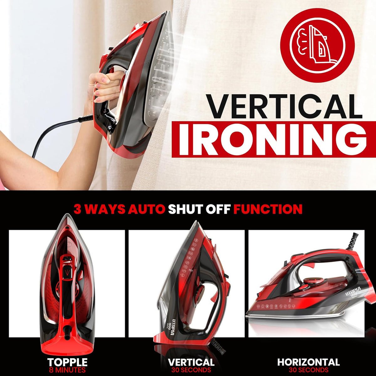 Utopia Home Steam Iron - 1800W Non-Stick Soleplate (Black-Red, Classic)