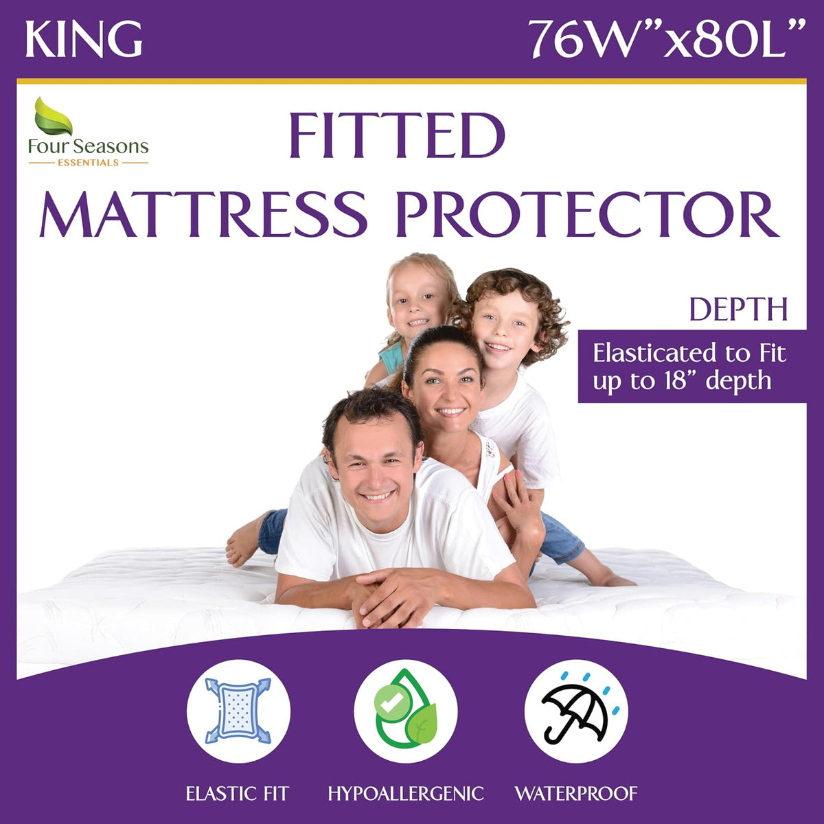 King Size Waterproof Mattress Protector - Fitted Sheet Style - Hypoallergenic Premium Quality Cover Protects Against Dust, Allergens