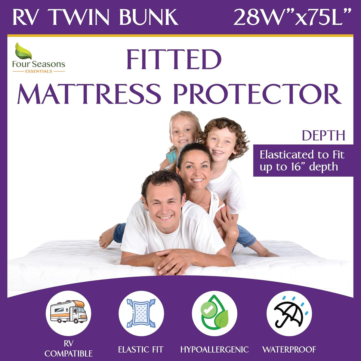 RV Twin Bunk Waterproof Mattress Protector (28" x 75") - Fitted Sheet Style - Hypoallergenic Premium Quality Cover Protects Against Dust, Allergies