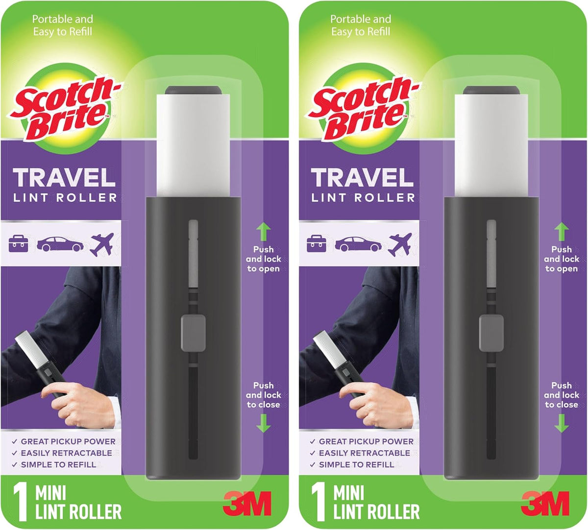 Scotch-Brite Retractable Lint Rollers 2-Pack, Portable Travel-Size Lint Removers for Pet Hair on Clothes, Furniture & Car, 3 in x 8.5 in Mini Rollers, 30 Sticky Sheets Each