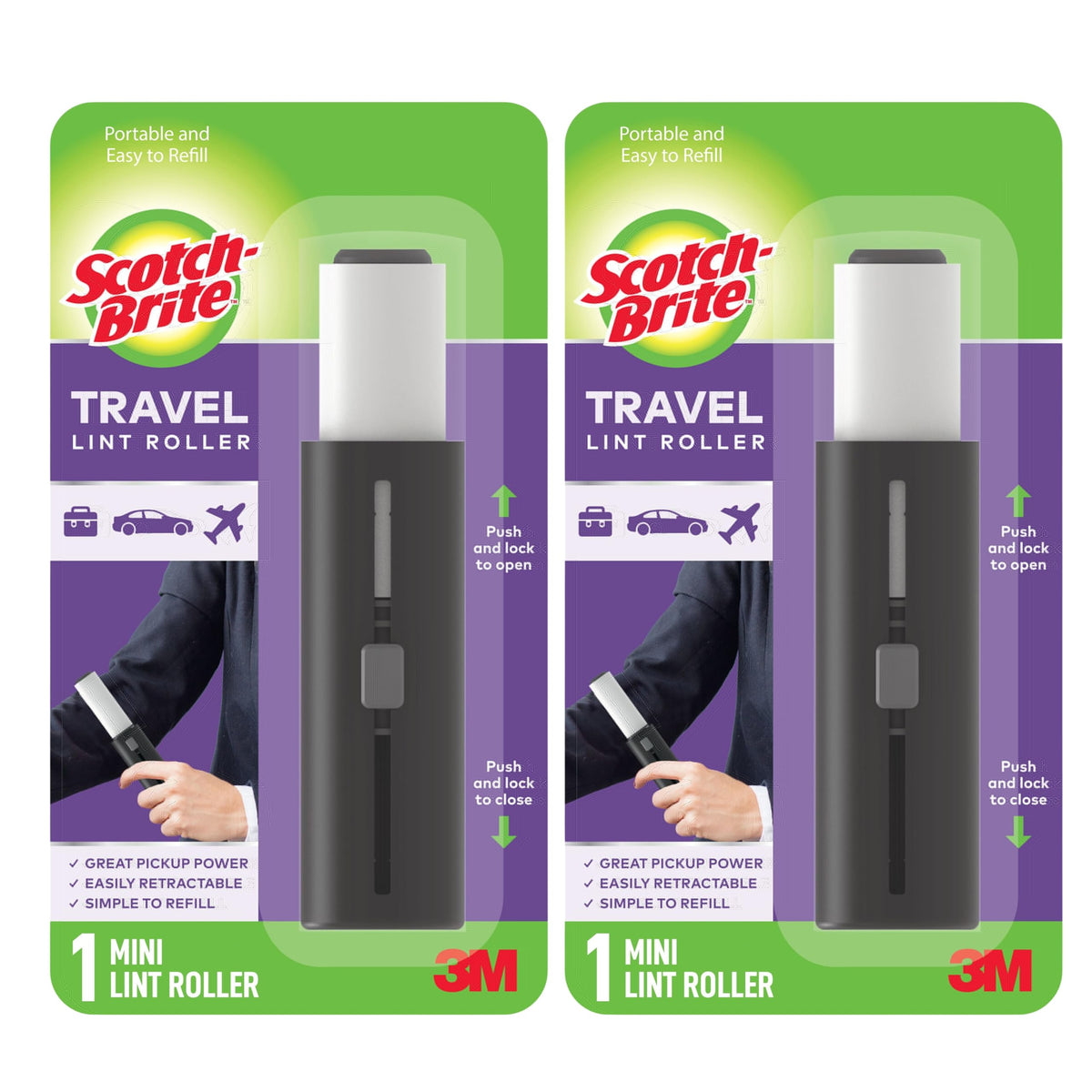 Scotch-Brite Retractable Lint Rollers 2-Pack, Portable Travel-Size Lint Removers for Pet Hair on Clothes, Furniture & Car, 3 in x 8.5 in Mini Rollers, 30 Sticky Sheets Each