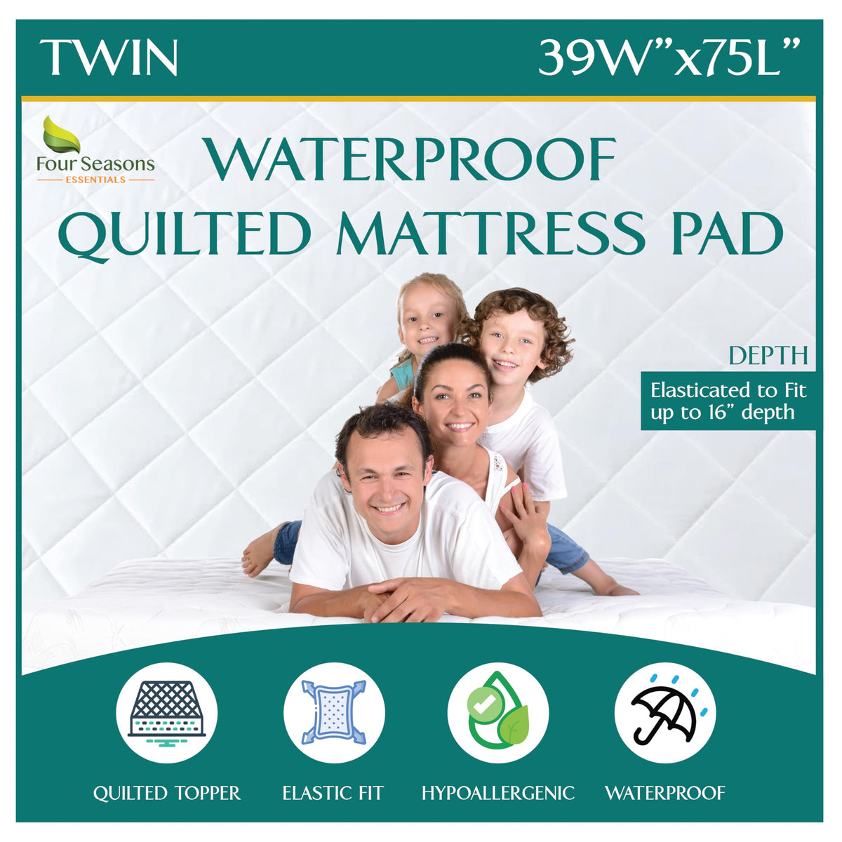 Four Seasons Essentials RV Bunk Size Waterproof Mattress Protector - Cooling Viscose derived from Bamboo Fitted Sheet Mattress Cover - Quilted Jacquard Pad Protects from Dust Allergens