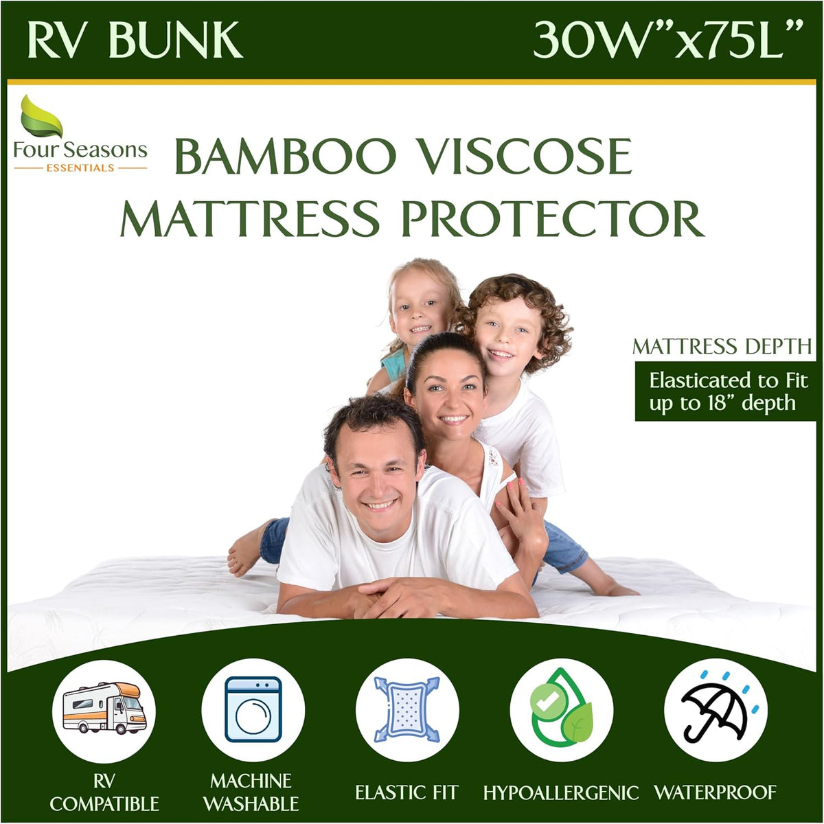 Four Seasons Essentials RV Bunk Size Waterproof Mattress Protector - Cooling Viscose derived from Bamboo Fitted Sheet Mattress Cover - Quilted Jacquard Pad Protects from Dust Allergens