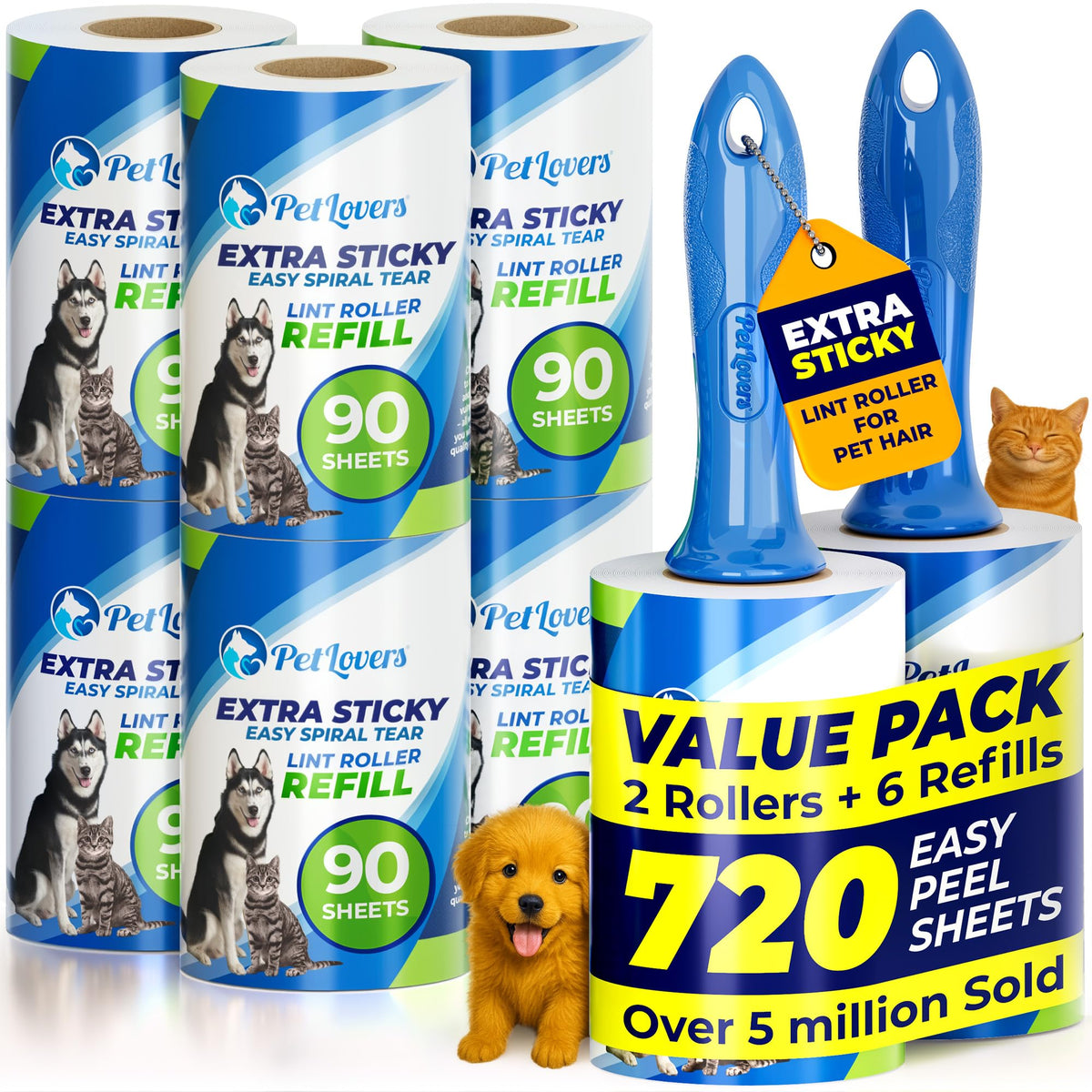 PetLovers Large Lint Roller with 3 Refills – 360 Total Sheets for Tackling Pet Hair, Extra Large Floor and Carpet Roller for Homes with Pets, Perfect for Floors, Furniture, and Loving Pet Owners