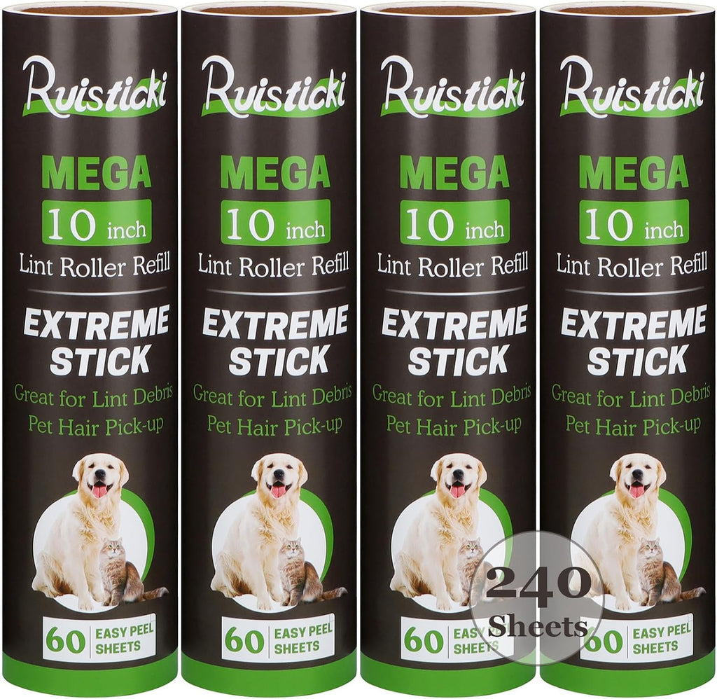10 inch Lint Roller Refill Compatible with Large Mega 10 in Wide Lint Rollers, Pack of 4 Refills, 60 Sheets per Refill, Total 240 Extreme Stick Sheets