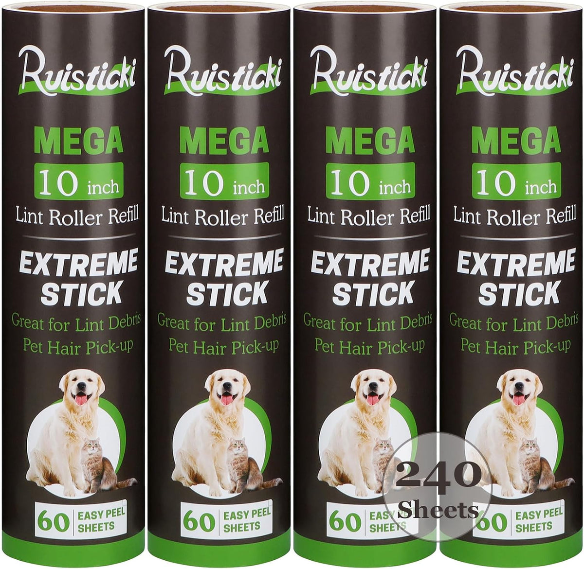 10 inch Lint Roller Refill Compatible with Large Mega 10 in Wide Lint Rollers, Pack of 4 Refills, 60 Sheets per Refill, Total 240 Extreme Stick Sheets