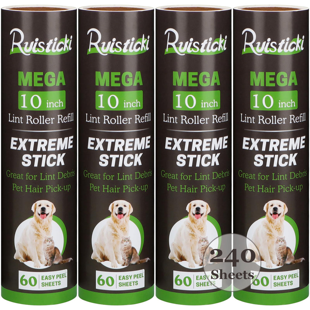 10 inch Lint Roller Refill Compatible with Large Mega 10 in Wide Lint Rollers, Pack of 4 Refills, 60 Sheets per Refill, Total 240 Extreme Stick Sheets