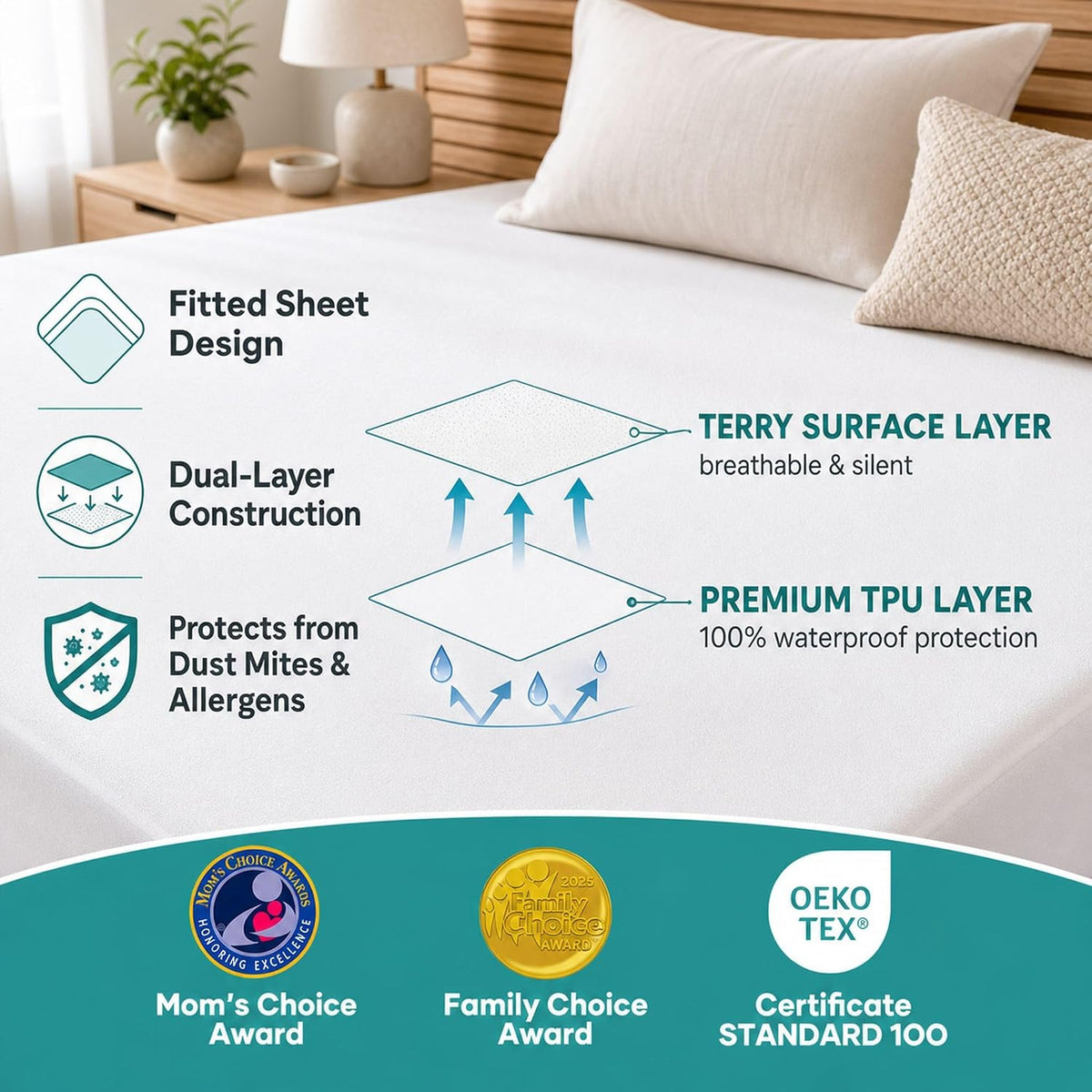OhGeni Waterproof Mattress Protector, Queen Size Mattress Pad Fitted with Deep Pocket 6"-18", Breathable Noiseless & Soft, Washable Dirt-Proof Mattress Cover for Home, Bedroom, White,Daybed Cover