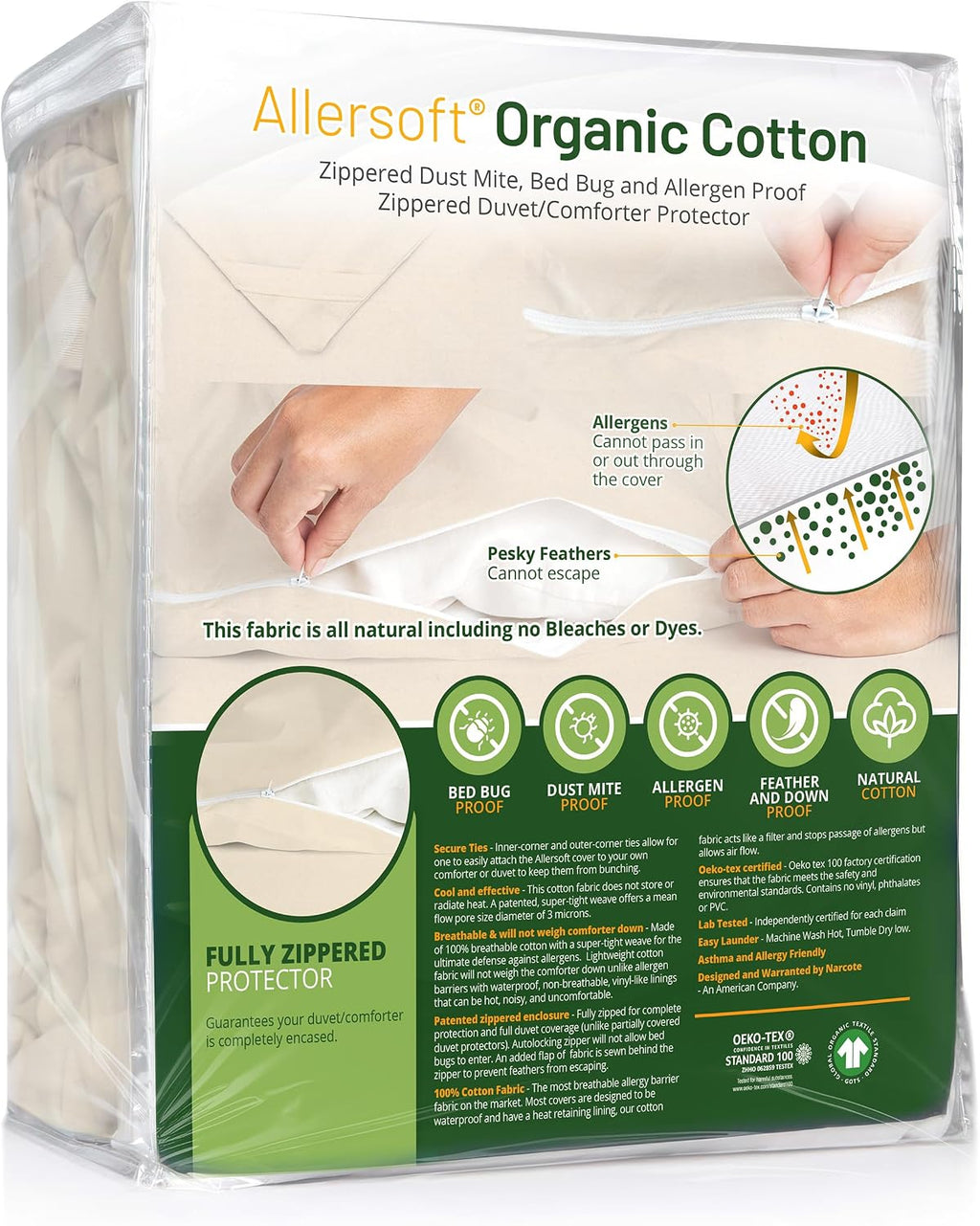 Allersoft|Unbleached Organic Cotton| Dust, Pet Dander, Feather and Pollen Allergy Control Comforter Protector & Duvet Cover