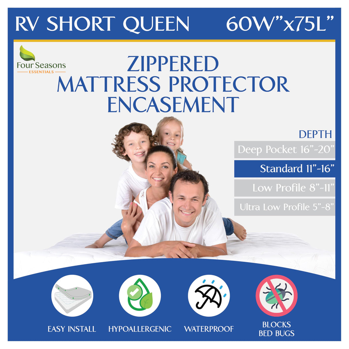 RV Short Queen Mattress Protector (60" Wx75 L) Waterproof Zippered Encasement Hypoallergenic Premium Bed Cover Protects Against Bedbugs Dust Allergies