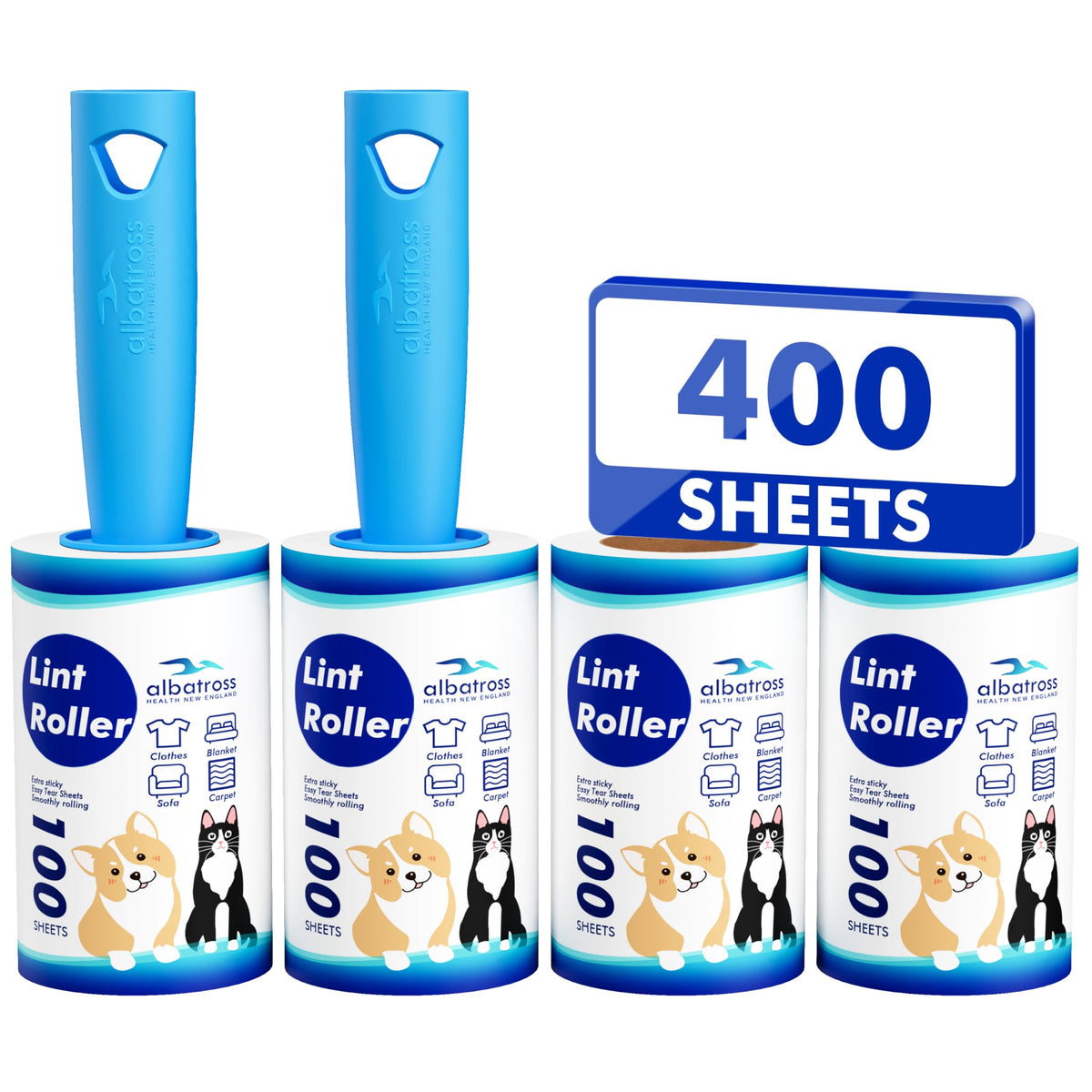 400 Sheets Lint Rollers for Pet Hair Extra Sticky, 2 Handles, 4 Rollers