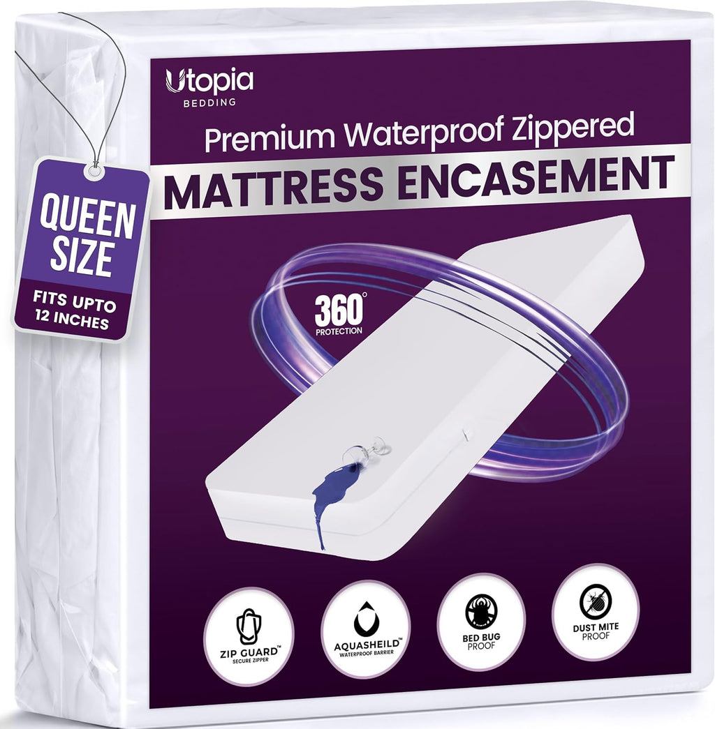 Waterproof Zippered Mattress Protector Queen Size, 12" Deep Pocket