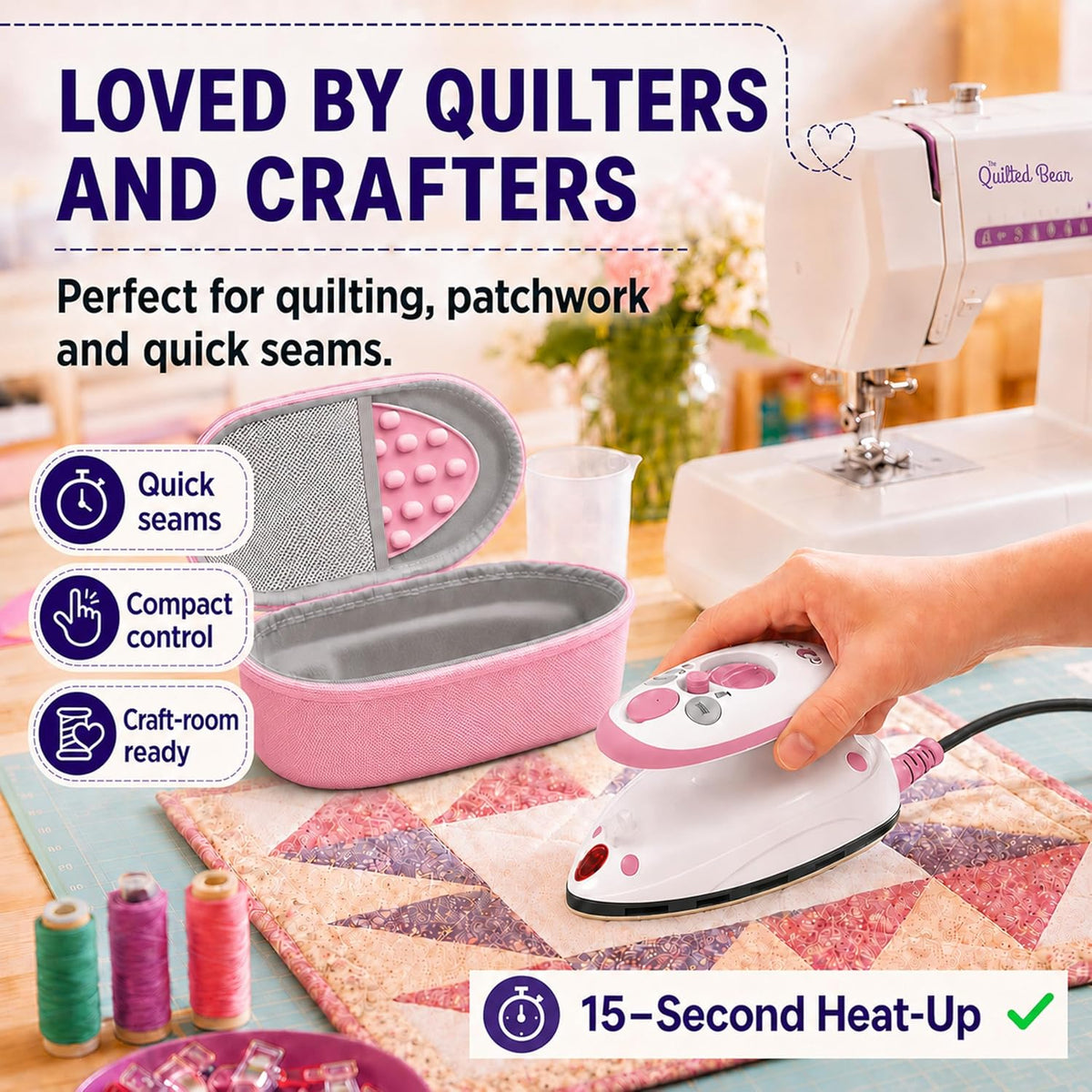 The Quilted Bear Premium Mini Steam Iron for Quilting and Travel, Pink