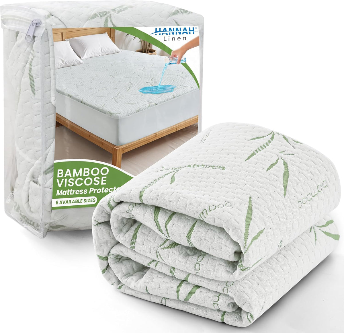 Hannah Linen Queen Mattress Protector, Cooling Rayon dervied from Bamboo Viscose, 100% Waterproof - Fitted Sheet Style, Deep Pocket