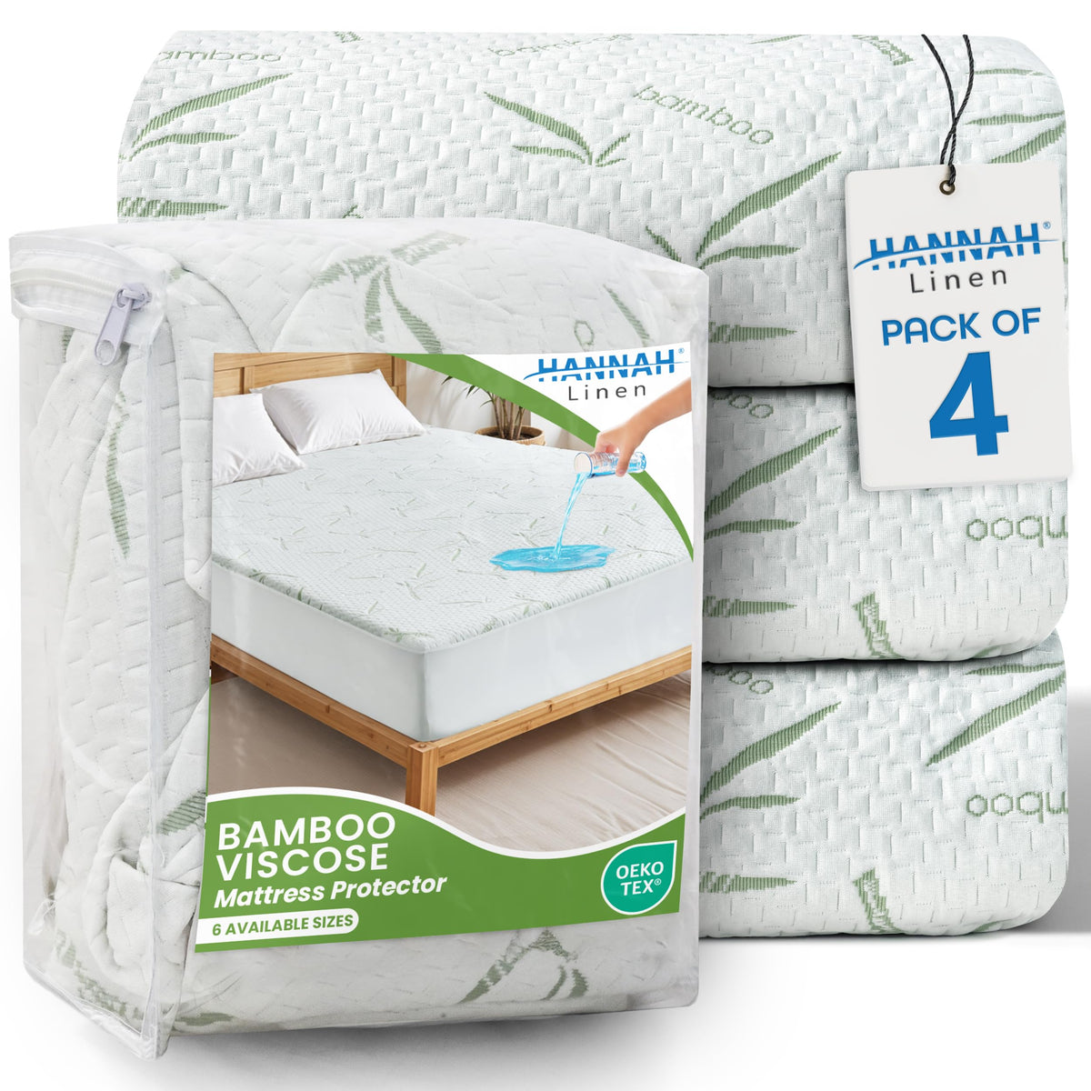 Hannah Linen Queen Mattress Protector, Cooling Rayon dervied from Bamboo Viscose, 100% Waterproof - Fitted Sheet Style, Deep Pocket