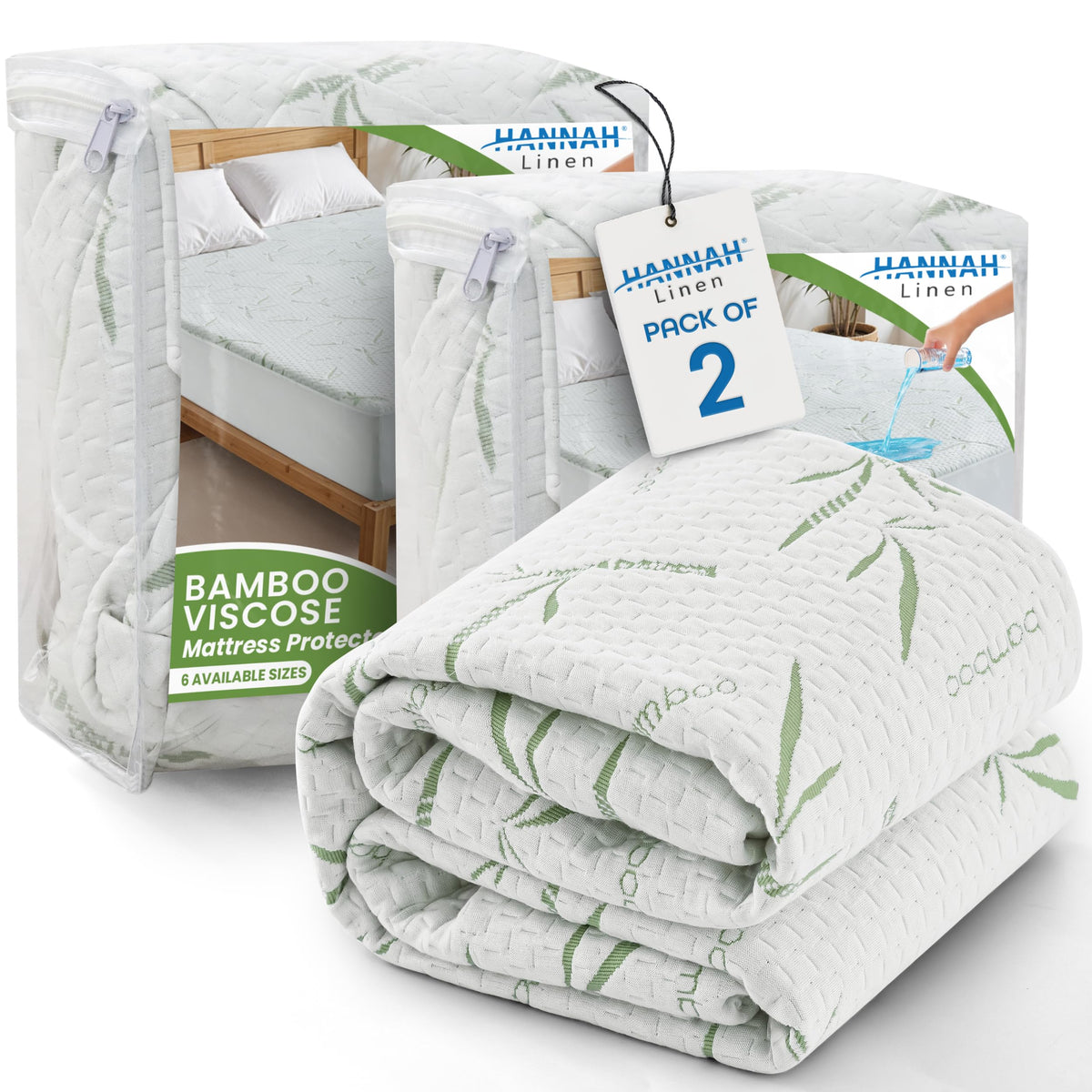 Hannah Linen Queen Mattress Protector, Cooling Rayon dervied from Bamboo Viscose, 100% Waterproof - Fitted Sheet Style, Deep Pocket