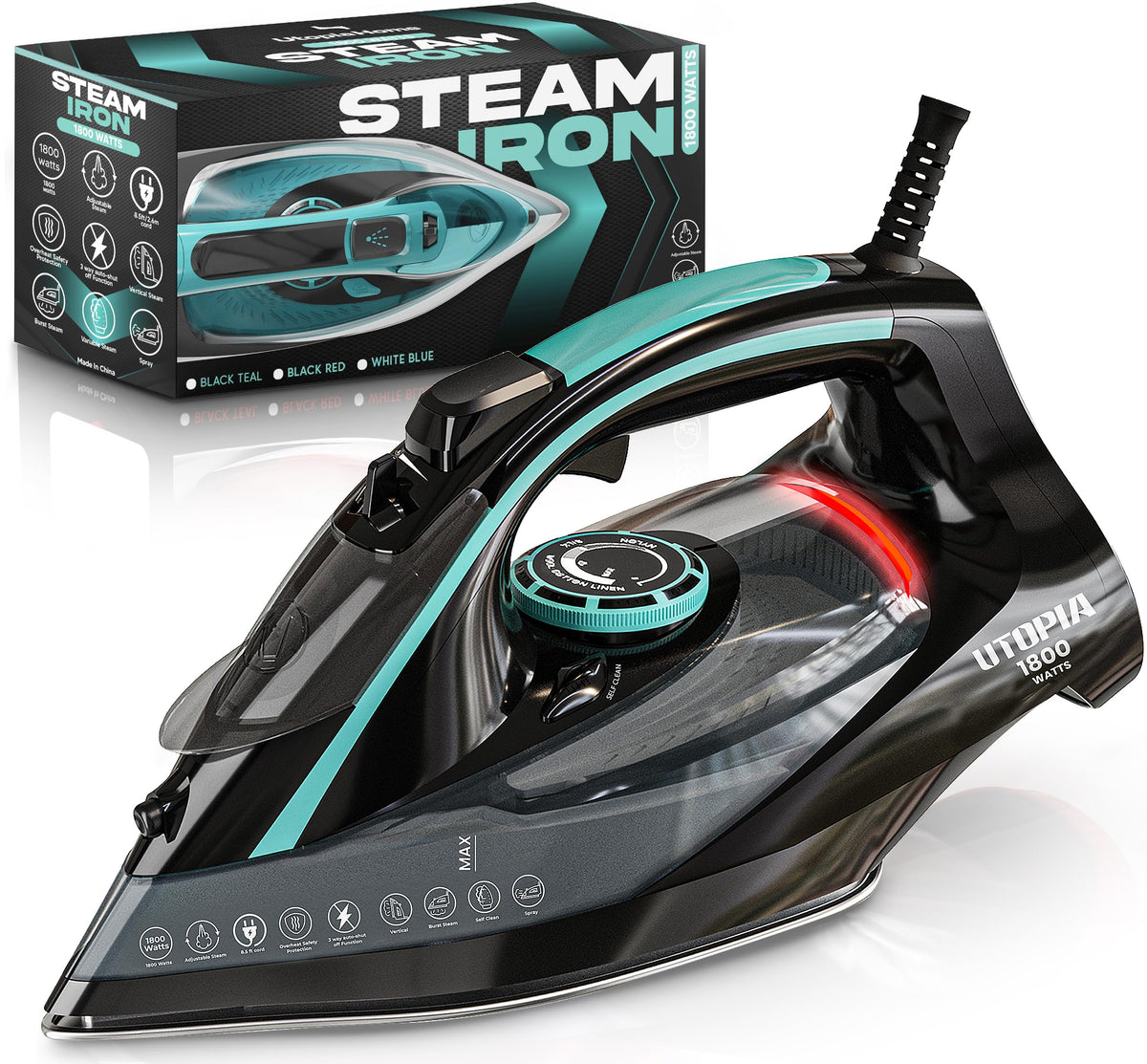 Utopia Home Steam Iron - 1800W Non-Stick Soleplate (Black-Red, Classic)