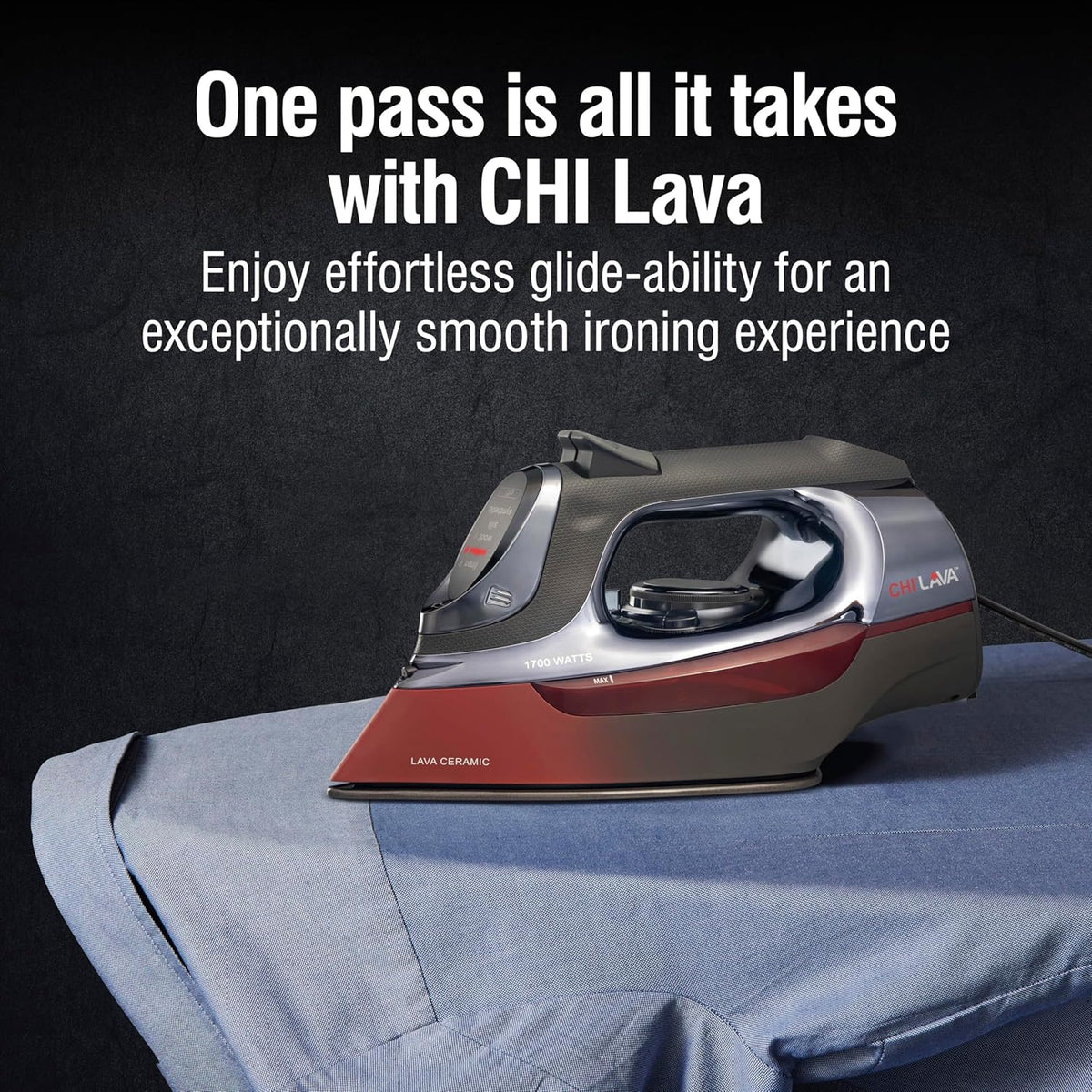 CHI Steam Iron for Clothes with 8' Retractable Cord, 1700 Watts, 3-Way Auto Shutoff, 400+ Holes, Professional Grade, Temperature Control Dial, Lava Infused Ceramic Soleplate, Black and Red (13113N)