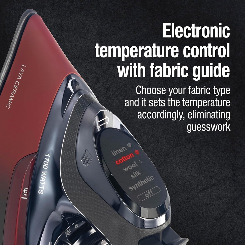 CHI Steam Iron for Clothes with 8' Retractable Cord, 1700 Watts, 3-Way Auto Shutoff, 400+ Holes, Professional Grade, Temperature Control Dial, Lava Infused Ceramic Soleplate, Black and Red (13113N)