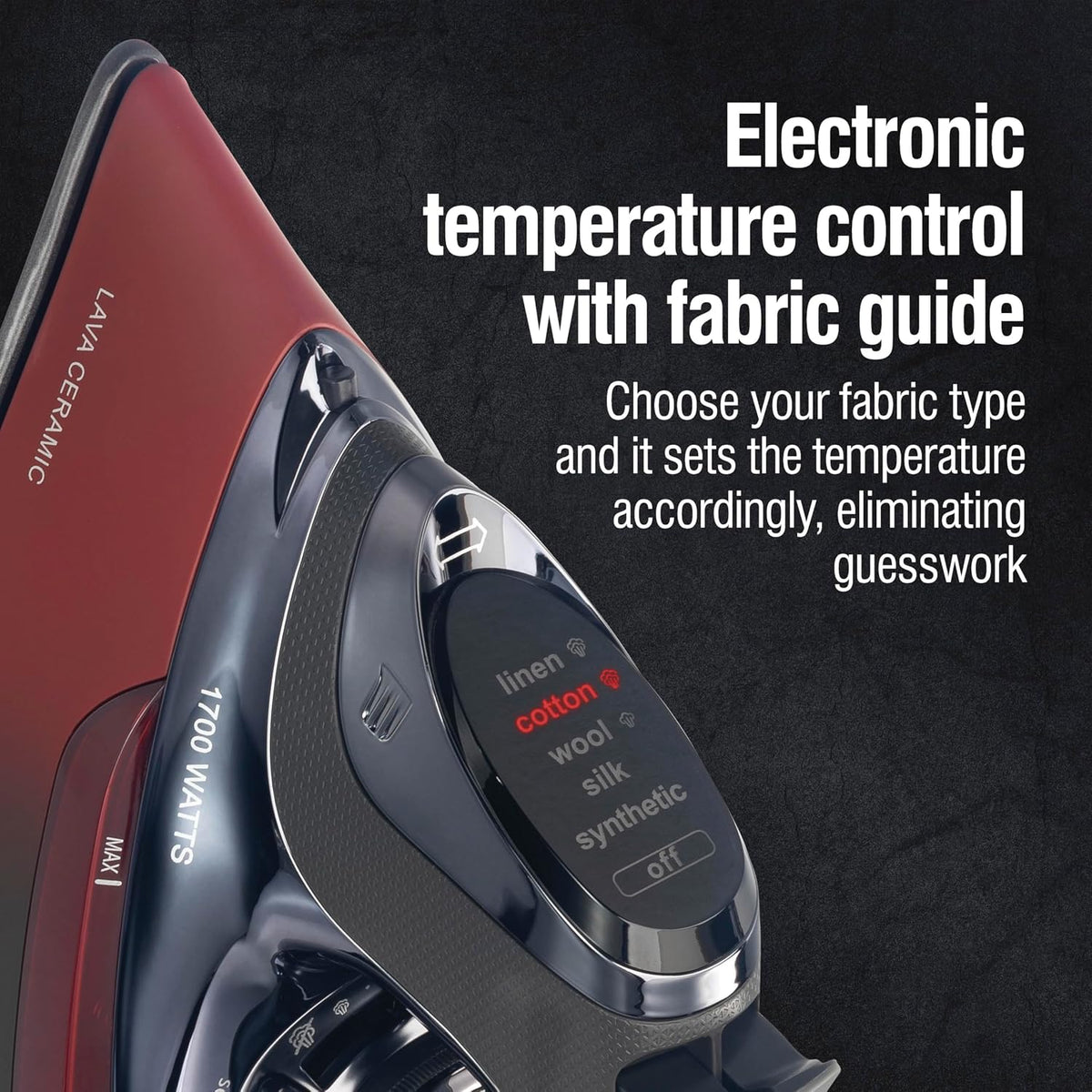 CHI Steam Iron for Clothes with 8' Retractable Cord, 1700 Watts, 3-Way Auto Shutoff, 400+ Holes, Professional Grade, Temperature Control Dial, Lava Infused Ceramic Soleplate, Black and Red (13113N)